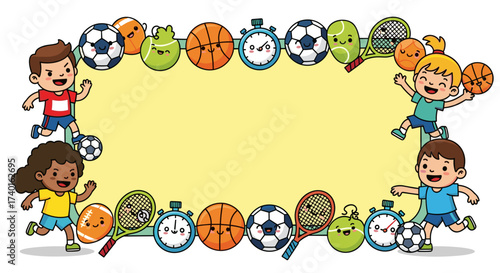 Kids sports theme frame vector illustration with cartoon children playing various active games.