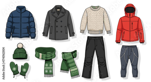 Men's winter clothing and outerwear collection vector illustration with jackets, pants, and gear