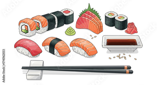 Assorted Japanese sushi set with sashimi, nigiri, maki rolls. SVG vector illustration isolated.