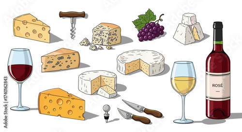 Set of gourmet cheese and wine pairing elements with grapes and utensils svg vector illustration