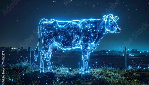 A digital illuminated cow in a field with a network overlay at night
