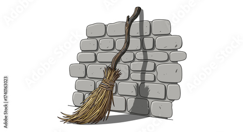 Old-fashioned witch's besom broomstick leaning against a stone wall. SVG vector illustration.
