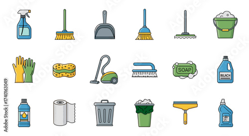 Colorful set of cleaning supplies and household chore equipment icon vector illustrations svg file.