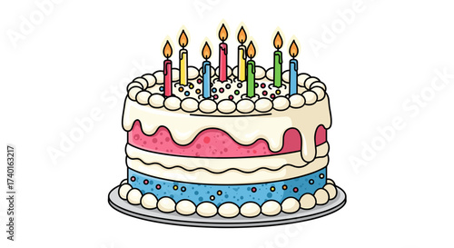 Festive birthday cake with candles and sprinkles, vector illustration svg isolated on transparent background.