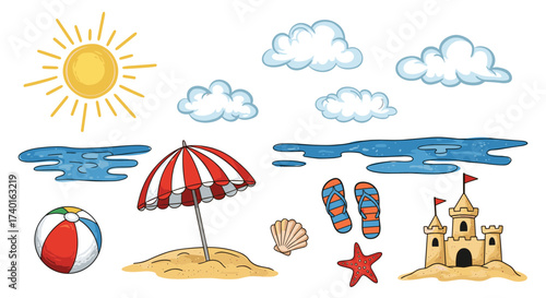 Cheerful summer beach holiday vacation objects vector illustration isolated on transparent background. svg.
