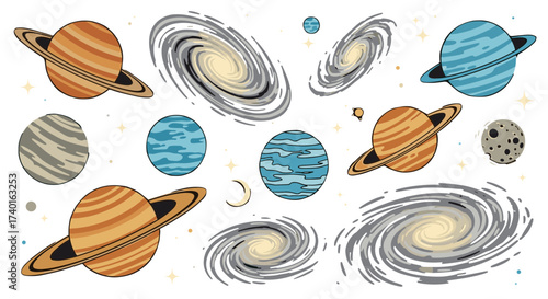 Pixel art space elements vector illustration set with planets, galaxies, and stars isolated on transparent background.