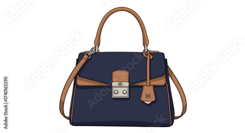 Elegant blue handbag, brown straps, metal clasp svg vector illustration isolated on transparent background.