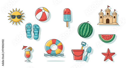 Vibrant summer beach vacation elements, playful vector illustration set isolated on transparent background