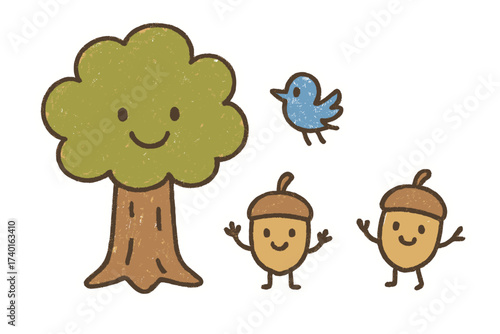 Charming Doodle Stickers. Charming doodle stickers: happy oak tree, tiny acorns and birds waving, simplified doodle shapes, white