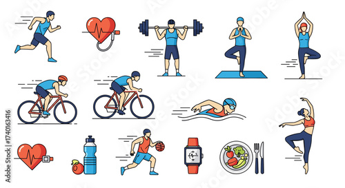 People doing sports, fitness and health activities collection vector illustration, isolated on transparent background svg.