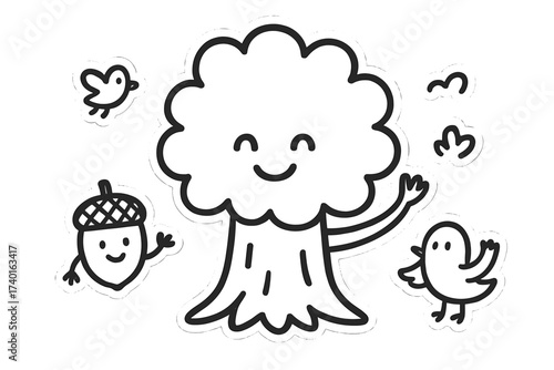 Charming Doodle Stickers. Charming doodle stickers: happy oak tree, tiny acorns and birds waving, simplified doodle shapes, white