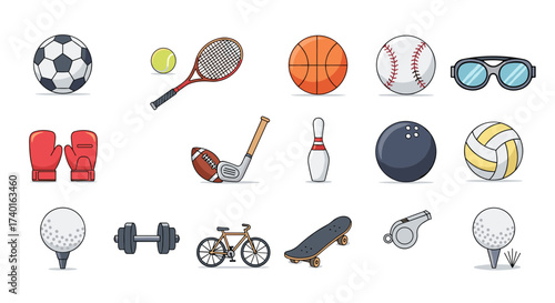 Diverse sports equipment set for games and activities. Vector illustration, isolated on transparent background.