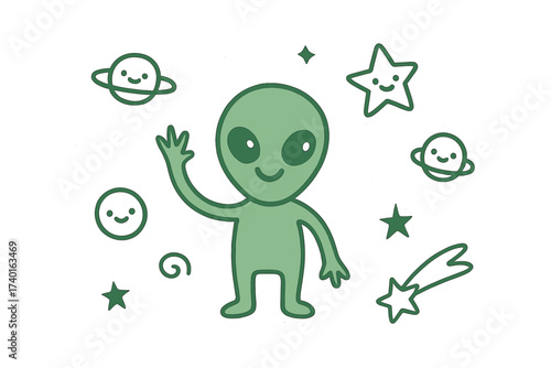 Magical Alien Stickers. Magical doodle stickers: happy alien, tiny stars and planets waving, simplified doodle shapes, white