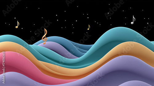 Colorful 3D sound waves flowing with music notes on black background  
