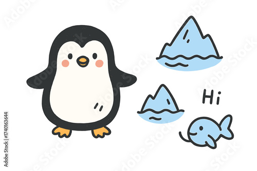Charming Penguin Doodles. Charming doodle stickers: happy penguin, tiny icebergs and fish waving, simplified doodle shapes, white