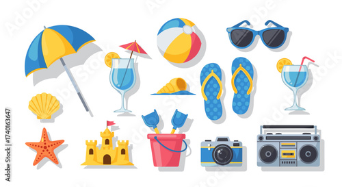 Vector SVG illustration of summer beach objects, vacation items, isolated on transparent background.