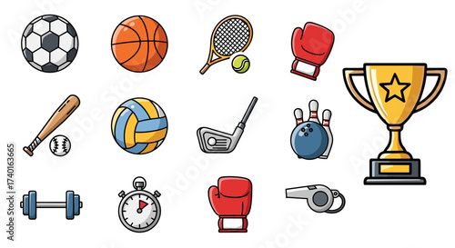 Diverse sports and fitness equipment icons, vector illustration isolated on transparent background.