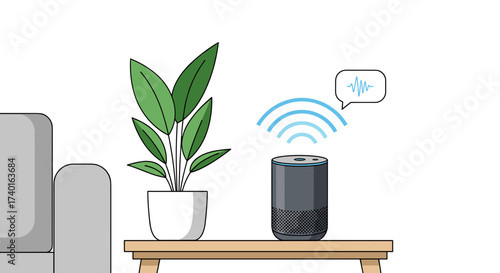SVG vector illustration of a smart speaker voice assistant on a table, isolated on transparent background.