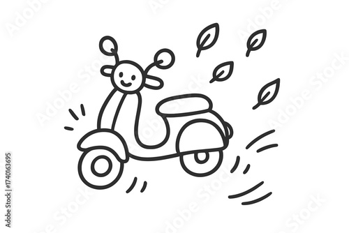 Cute Doodle Stickers. Lovely doodle stickers: smiling scooter, tiny leaves and wheels spinning, simplified doodle shapes, white