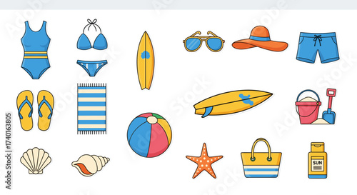 Colorful summer beach and travel essentials vector illustration svg isolated on transparent background