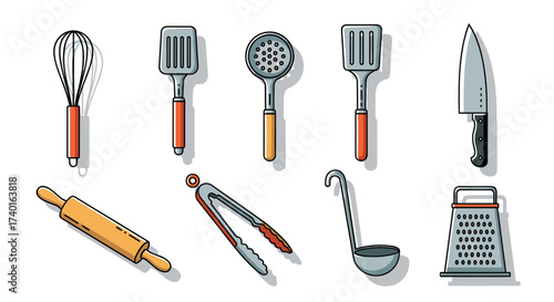 Essential kitchen utensils and cooking tools vector illustration, isolated on transparent background svg
