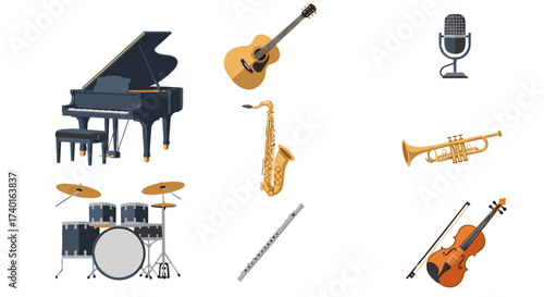 Musical instruments set for band and orchestra vector illustration svg isolated on transparent background.