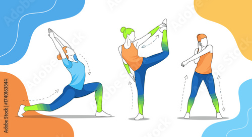 Diverse women performing fitness stretching exercises for health and wellness, isolated vector illustration svg.