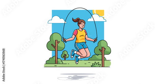 Woman skipping rope outdoors for fitness fun. Vector illustration, isolated on transparent background.