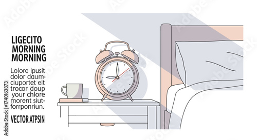 Classic alarm clock ringing on a bedside table in a cozy morning bedroom setting, ready to wake up