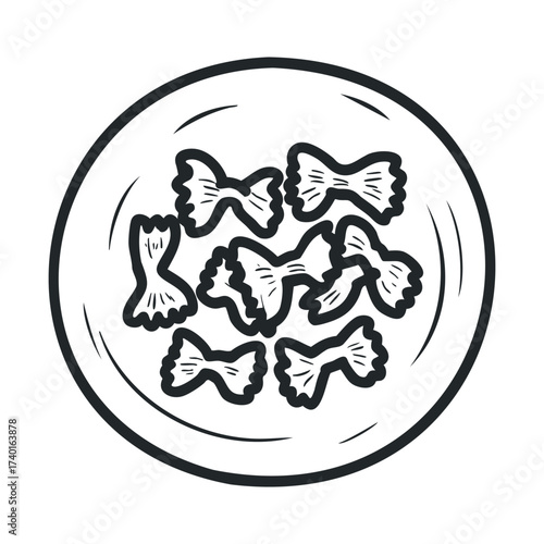Hand-drawn bowtie pasta on plate: black and white illustration of farfalle