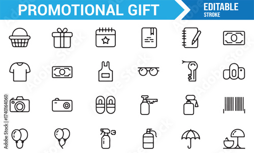 Vector line promotional gift icons including t-shirt, key, balloon, and notebook