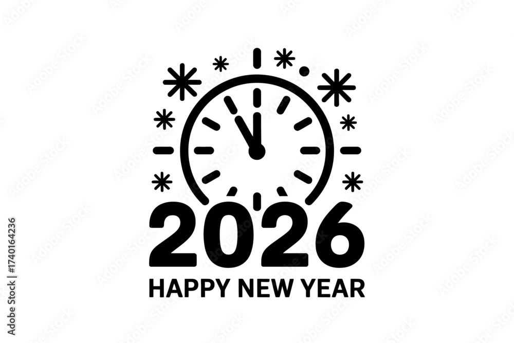 Fototapeta premium A black and white graphic with a clock, stars, and the year twenty twenty six text