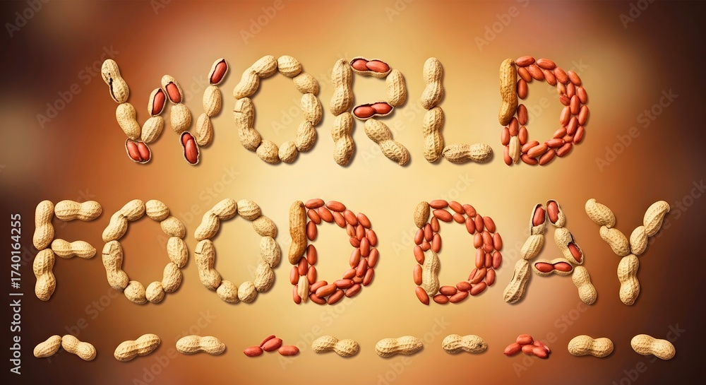 Naklejka premium World Food Day: Peanuts spelling out a message on a warm gradient background.