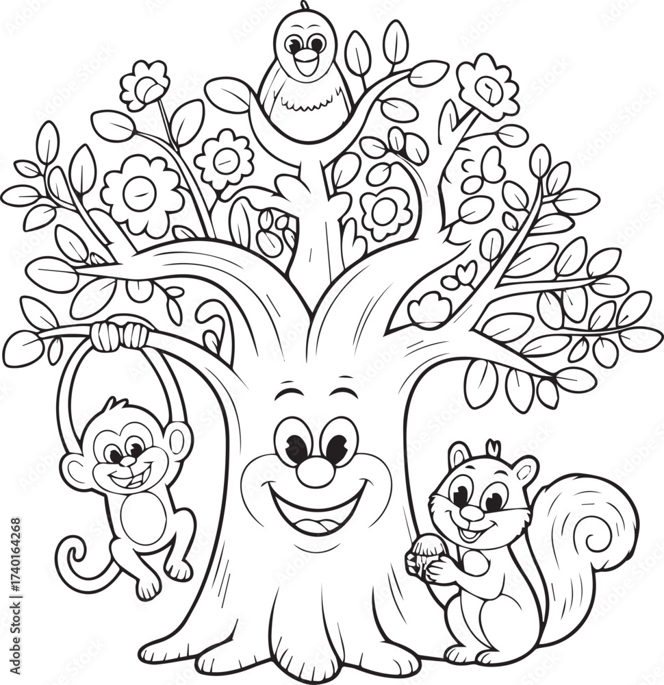 Fototapeta premium ১. Cute Forest Animal Clipart SVG | Happy Tree & Friends Coloring Page Outline