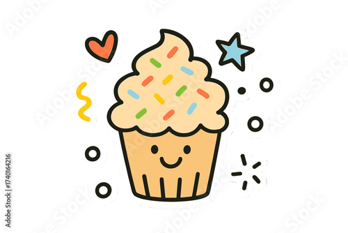 Smiling Cupcake Doodle. Playful doodle stickers: smiling cupcake with tiny sprinkles floating, simplified doodle shapes, white