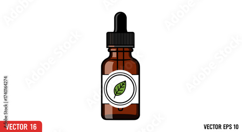 Amber glass dropper bottle for essential oil, cosmetic serum, tincture, vector illustration, isolated.