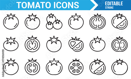 Linear vector tomato icons representing organic produce and garden freshness