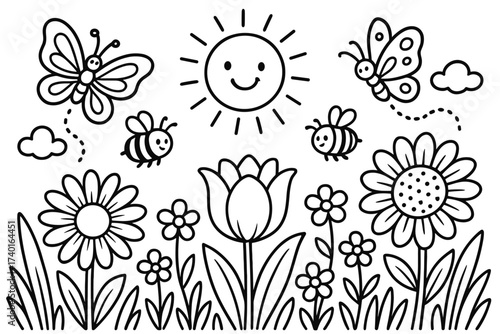 Garden Coloring Page. Garden scene coloring page: flowers blooming, butterflies flying, bees buzzing, sun shining above, black and