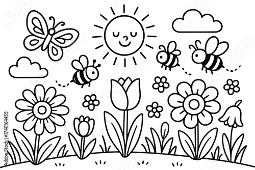 Garden Coloring Page. Garden scene coloring page: flowers blooming, butterflies flying, bees buzzing, sun shining above, black and