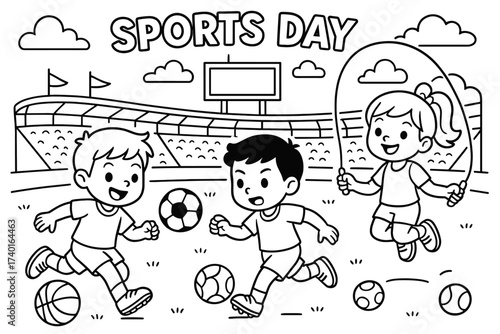 Sports Day Fun. Sports day coloring page: kids playing soccer and basketball, jump rope and balls around, stadium in the