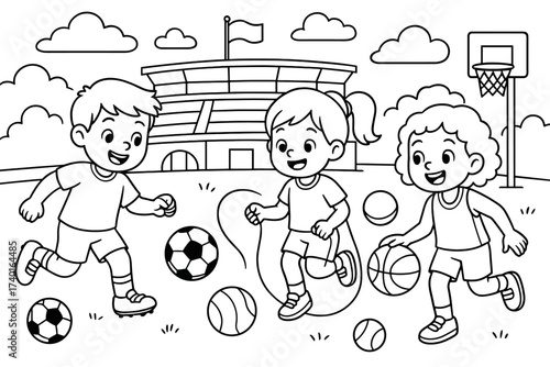 Sports Day Fun. Sports day coloring page: kids playing soccer and basketball, jump rope and balls around, stadium in the