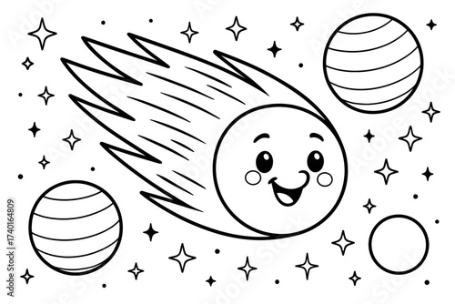 Smiling Comet Adventure. Comet coloring page: smiling comet flying past planets, stars twinkling, black and white vector line art,