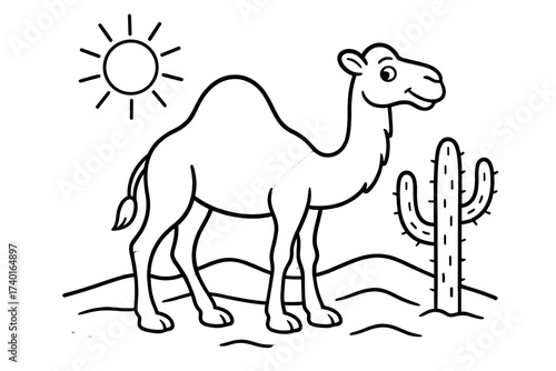 Camel Desert Scene. Zoo animals coloring page: camel with hump, desert sand and cactus nearby, sun above, black and white vector