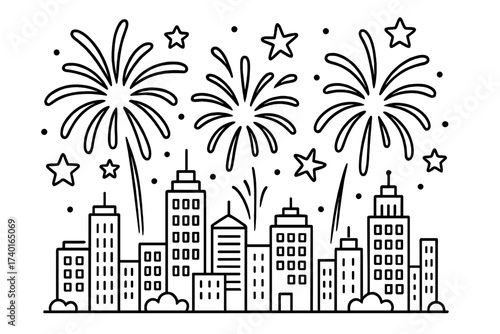 Fireworks Over City. Holiday coloring page: fireworks exploding in sky, city skyline below, stars shining, black and white vector