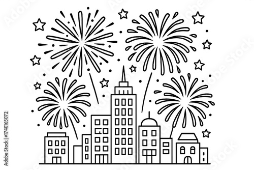 Fireworks Over City. Holiday coloring page: fireworks exploding in sky, city skyline below, stars shining, black and white vector