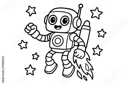 Jetpack Robot Adventure. Robots & Gadgets coloring page: robot with jetpack flying, flames and stars around, black and white