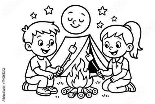 Campfire Marshmallow Fun. Camping coloring page: boy and girl roasting marshmallows, smiling moon and stars above, tent behind,