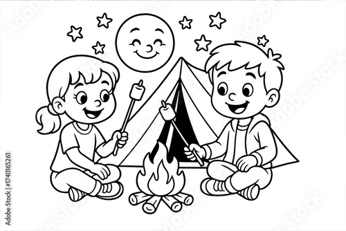 Campfire Marshmallow Fun. Camping coloring page: boy and girl roasting marshmallows, smiling moon and stars above, tent behind,