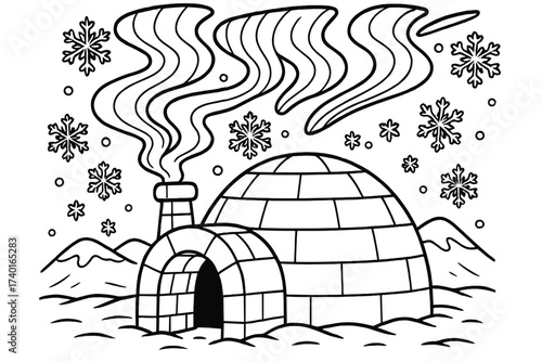 Arctic Igloo Scene. Arctic world coloring page: igloo with smoke rising from chimney, northern lights in sky, snowflakes falling,