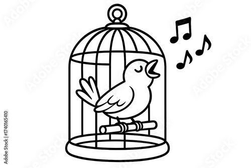 Canary Singing Joyfully. Animals & Pets coloring page: canary in cage singing, music notes floating, black and white vector line